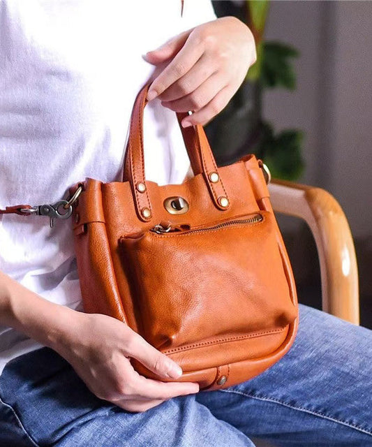 Women's Orange Leather Crossbody Bag Durable Zipper Pocket - OutfitLondon