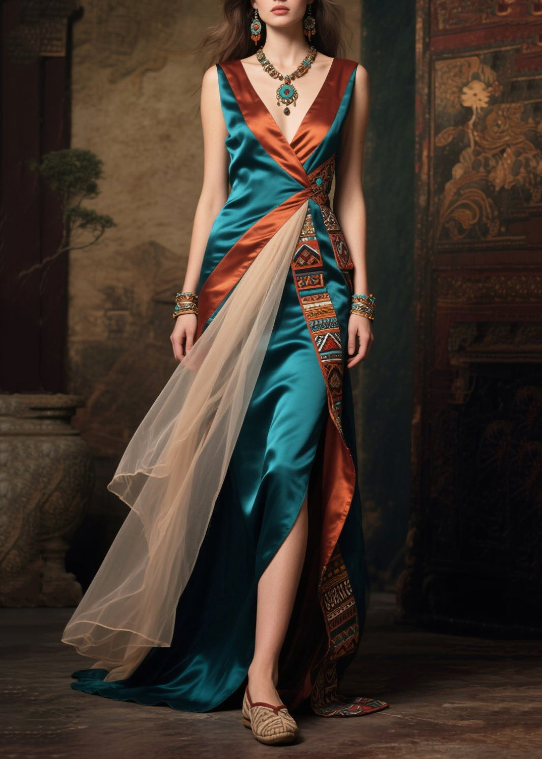 Women's Asymmetric Silk Dress Patchwork Summer Wear - OutfitLondon