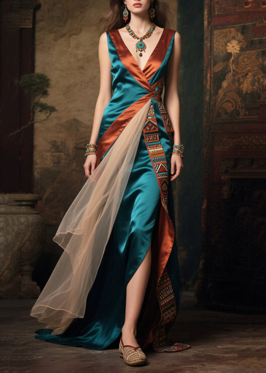Women's Asymmetric Silk Dress Patchwork Summer Wear - OutfitLondon