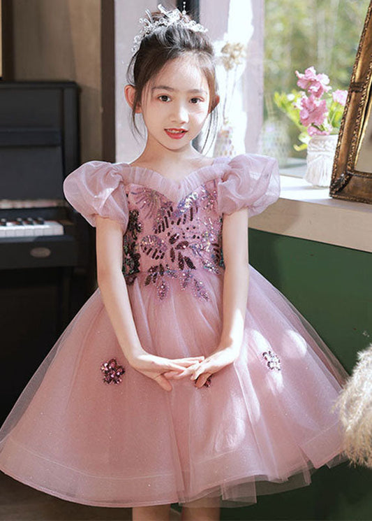 Girls Pink Tulle Sequin Dress Puff Sleeves - OutfitLondon