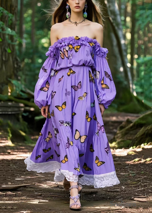 Women's Backless Cotton Dress Butterfly Print Violet - OutfitLondon