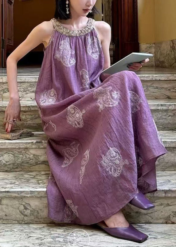 Women's Silk Patchwork Maxi Dress Embroidered Violet - OutfitLondon