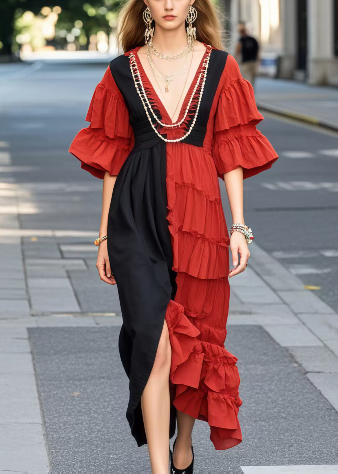 Women's Cotton Summer Dress Asymmetric Ruffles Red - OutfitLondon