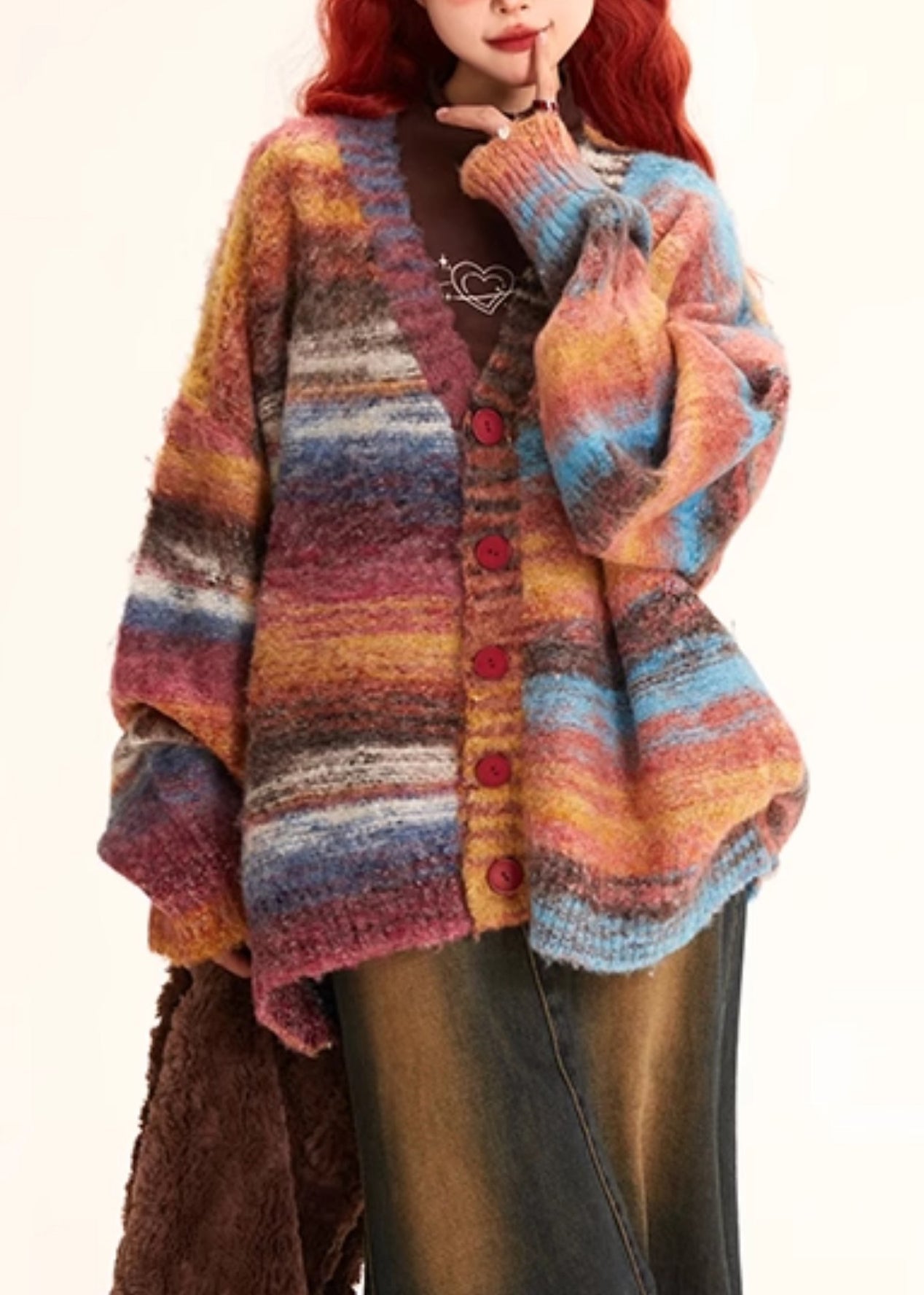 Women's Striped Knit Coat Cozy V Neck Button Front Warm - OutfitLondon