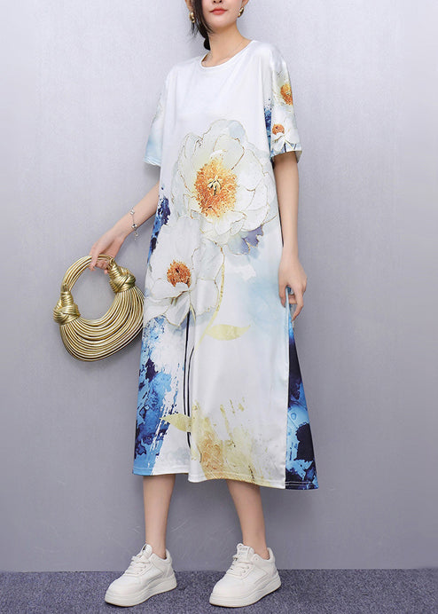 Women's Cotton Summer Dress White Floral Print Breathable - OutfitLondon