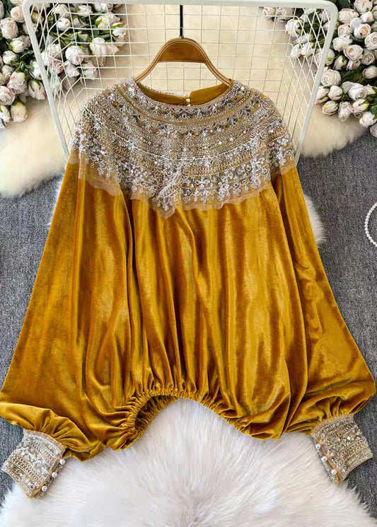 Women's Velvet Blouse Yellow Round Neck Sequin - OutfitLondon