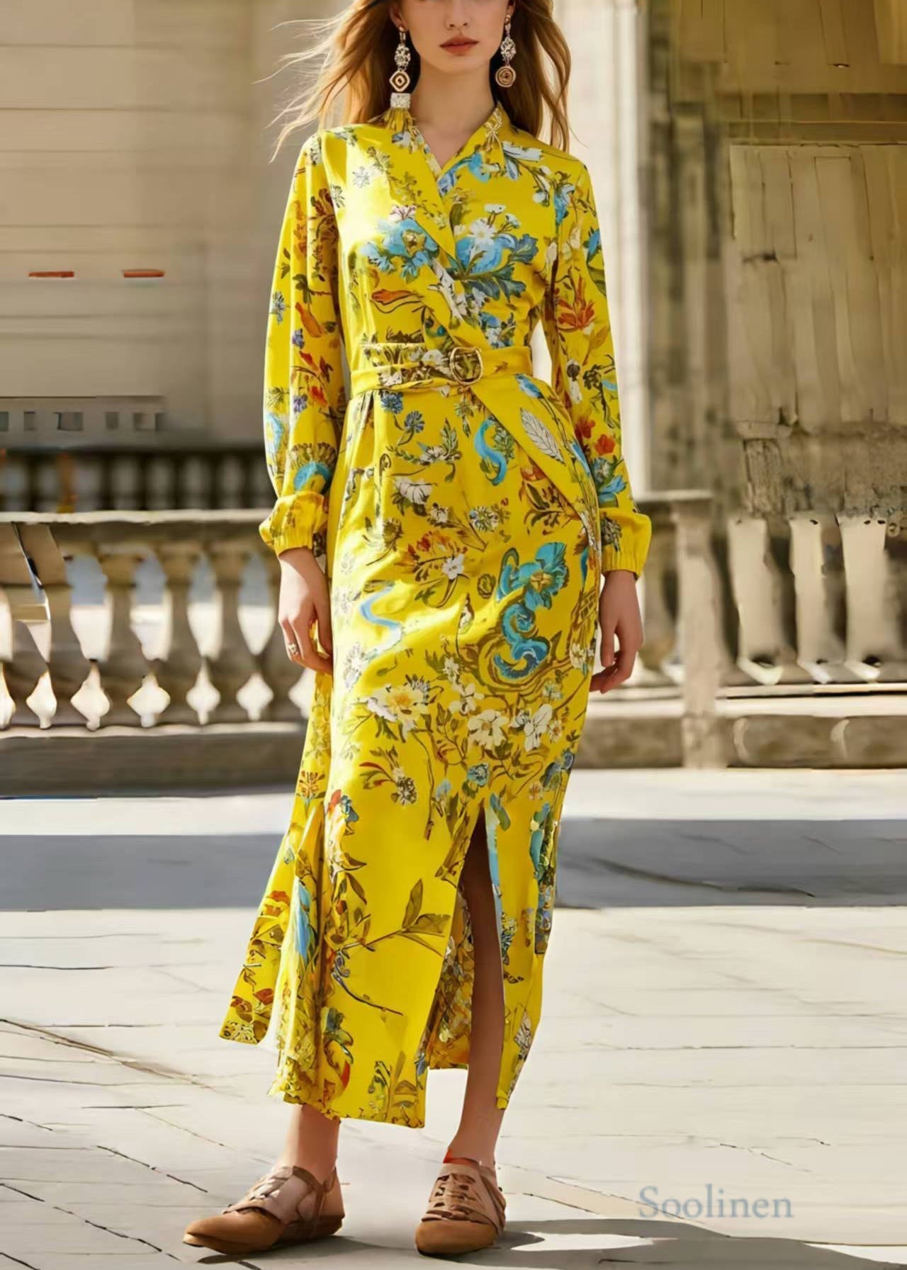 Women's Silk Chiffon Tunic Dress Yellow Floral Print - OutfitLondon