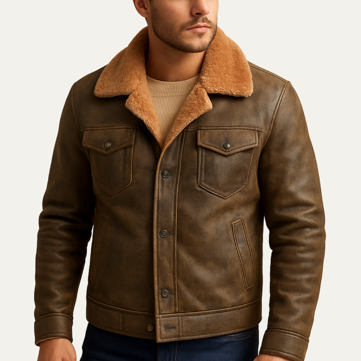Men's Synthetic Leather Insulated Denim Jacket