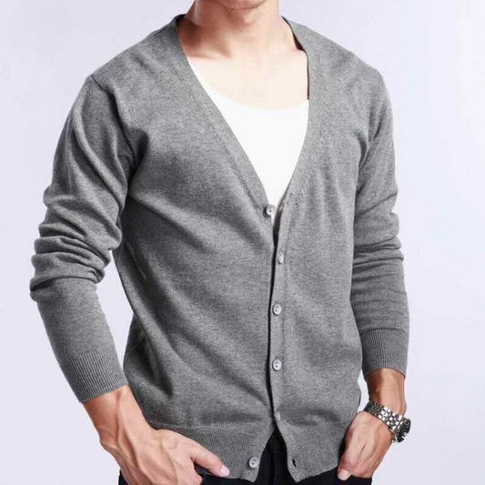 Men's Grey Cashmere Blend Cardigan V Neck Relaxed Fit - OutfitLondon