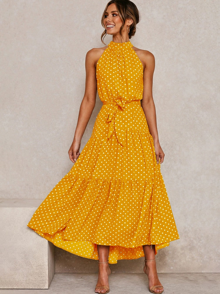 Chic Polka Dot Halter Midi Dress for Women