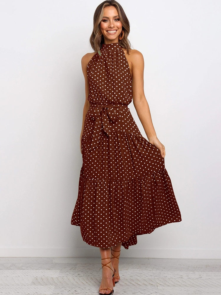 Chic Polka Dot Halter Midi Dress for Women - OutfitLondon