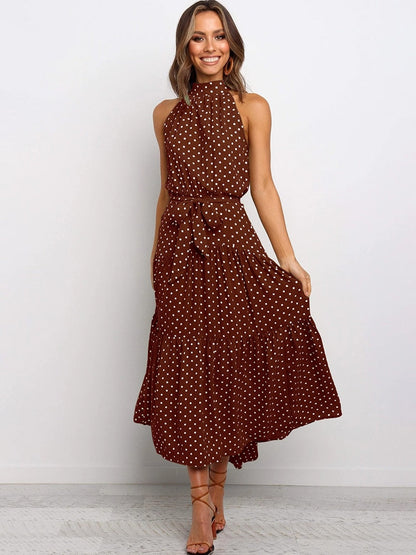 Chic Polka Dot Halter Midi Dress for Women - OutfitLondon