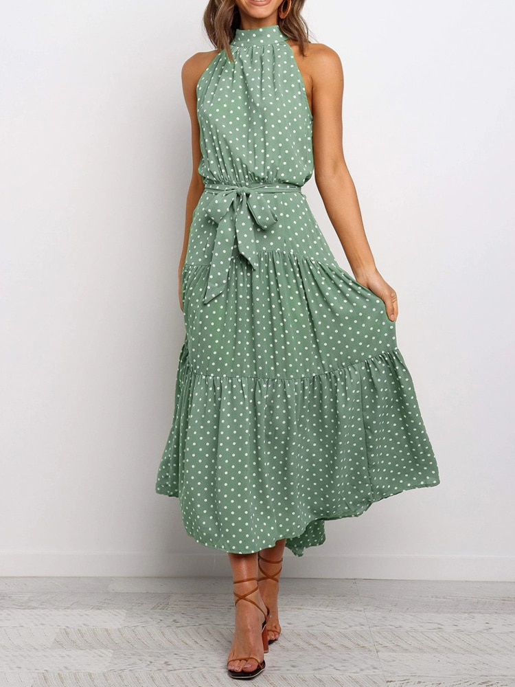 Chic Polka Dot Halter Midi Dress for Women