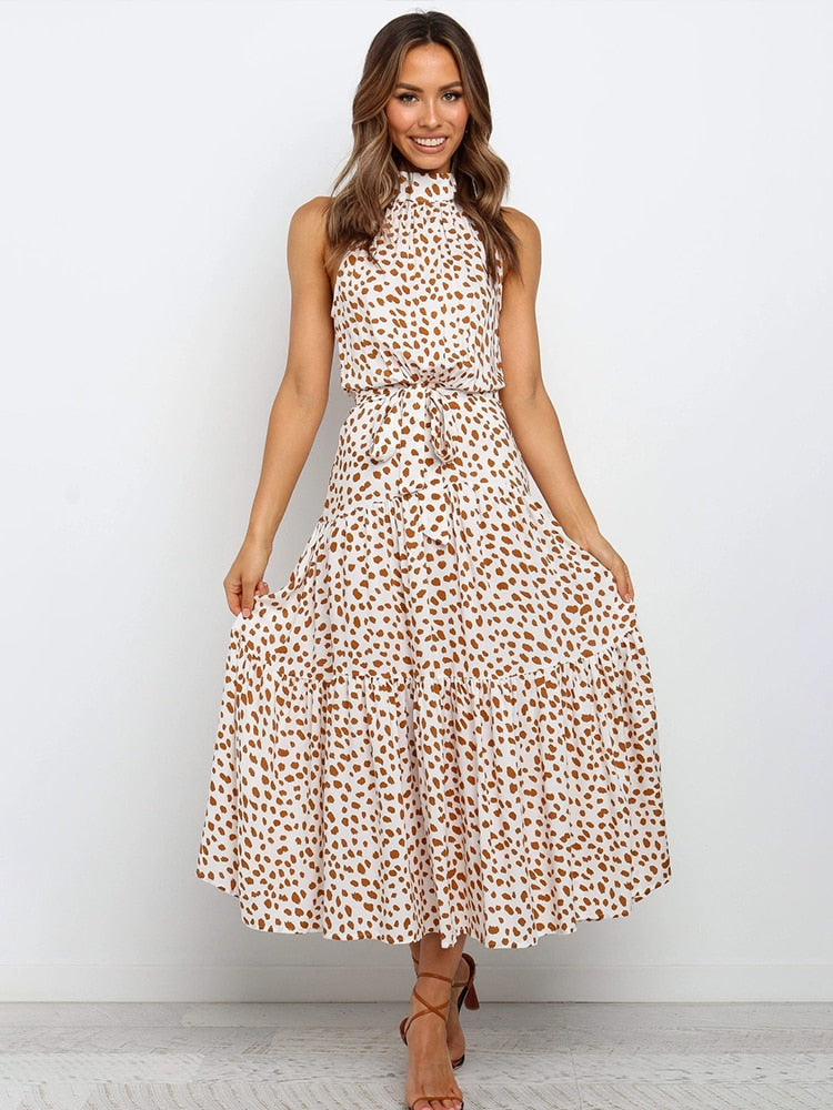Chic Polka Dot Halter Midi Dress for Women