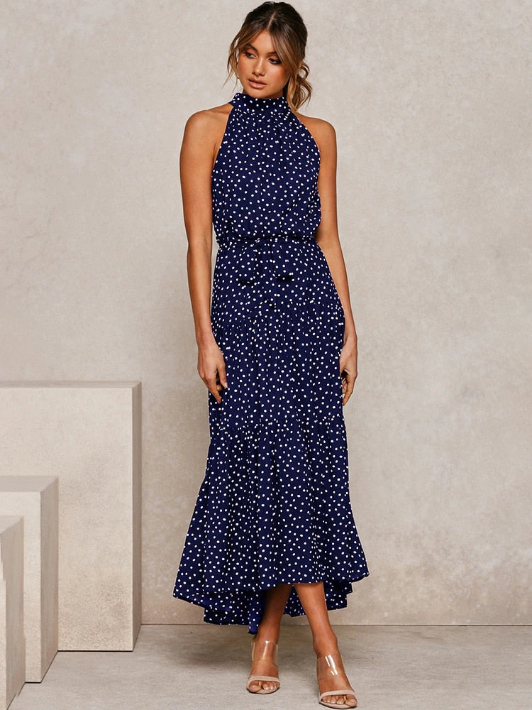 Chic Polka Dot Halter Midi Dress for Women