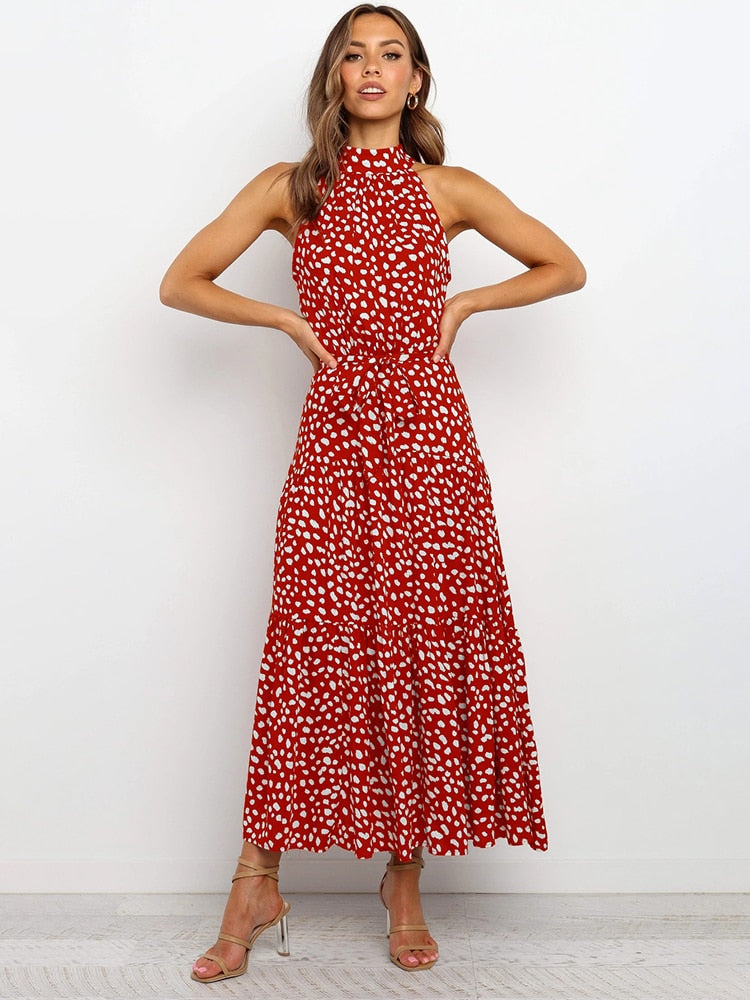 Chic Polka Dot Halter Midi Dress for Women