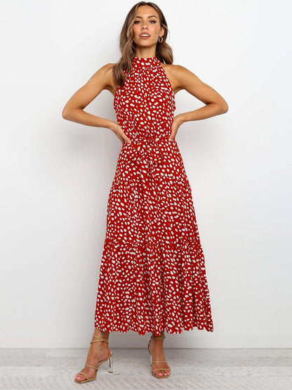 Chic Polka Dot Halter Midi Dress for Women
