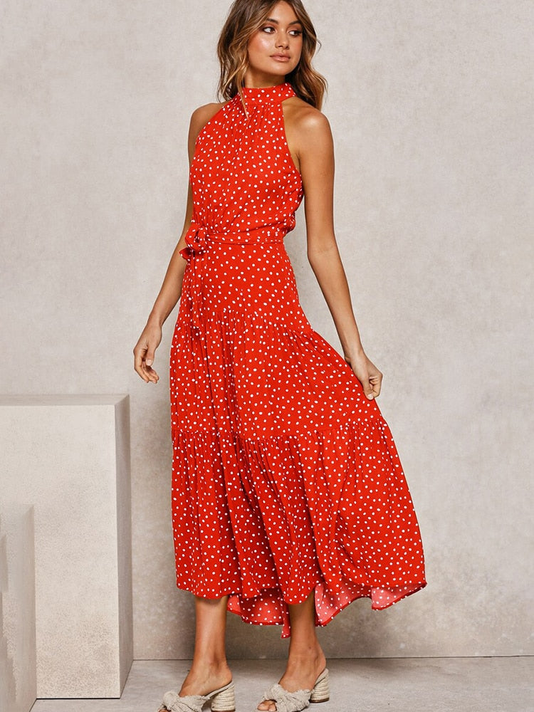 Chic Polka Dot Halter Midi Dress for Women