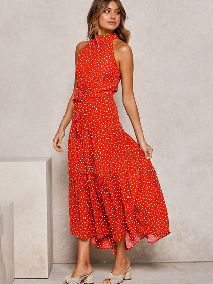 Chic Polka Dot Halter Midi Dress for Women