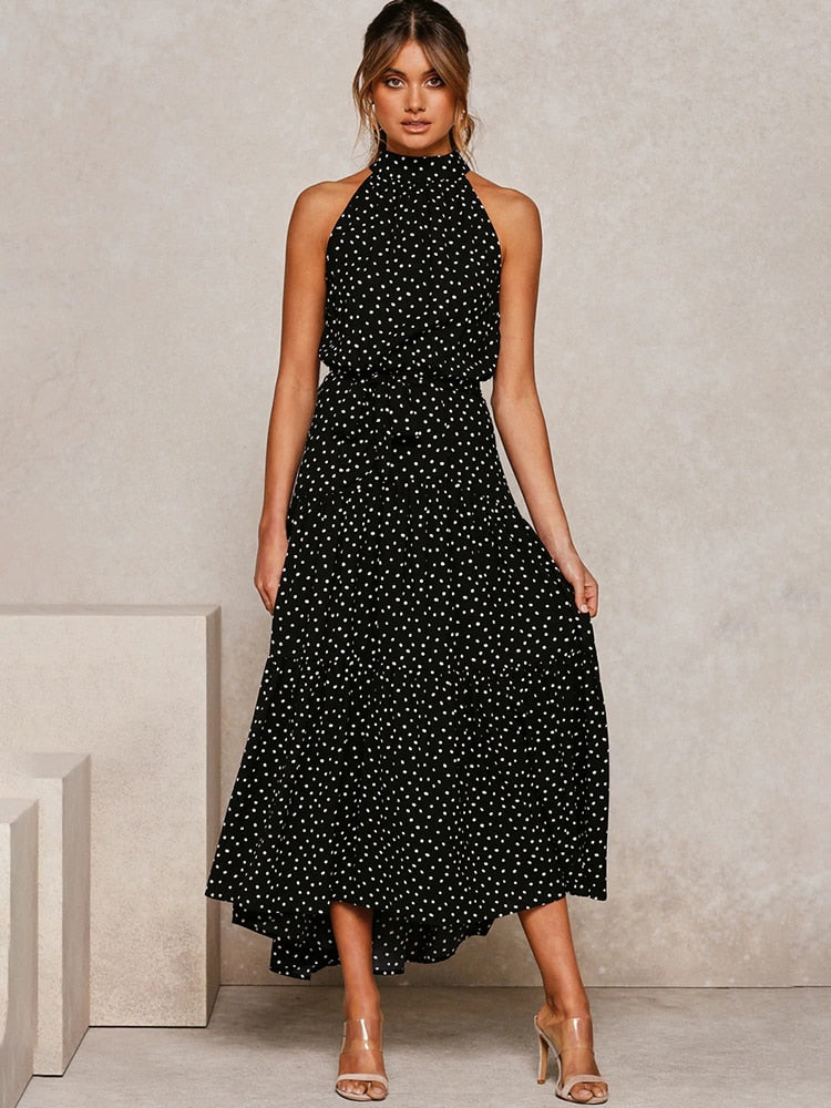 Chic Polka Dot Halter Midi Dress for Women