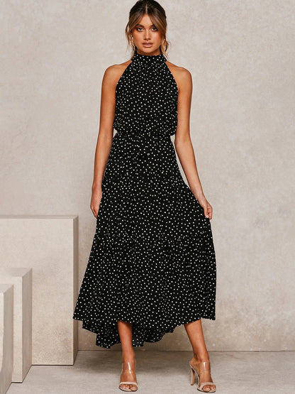 Chic Polka Dot Halter Midi Dress for Women