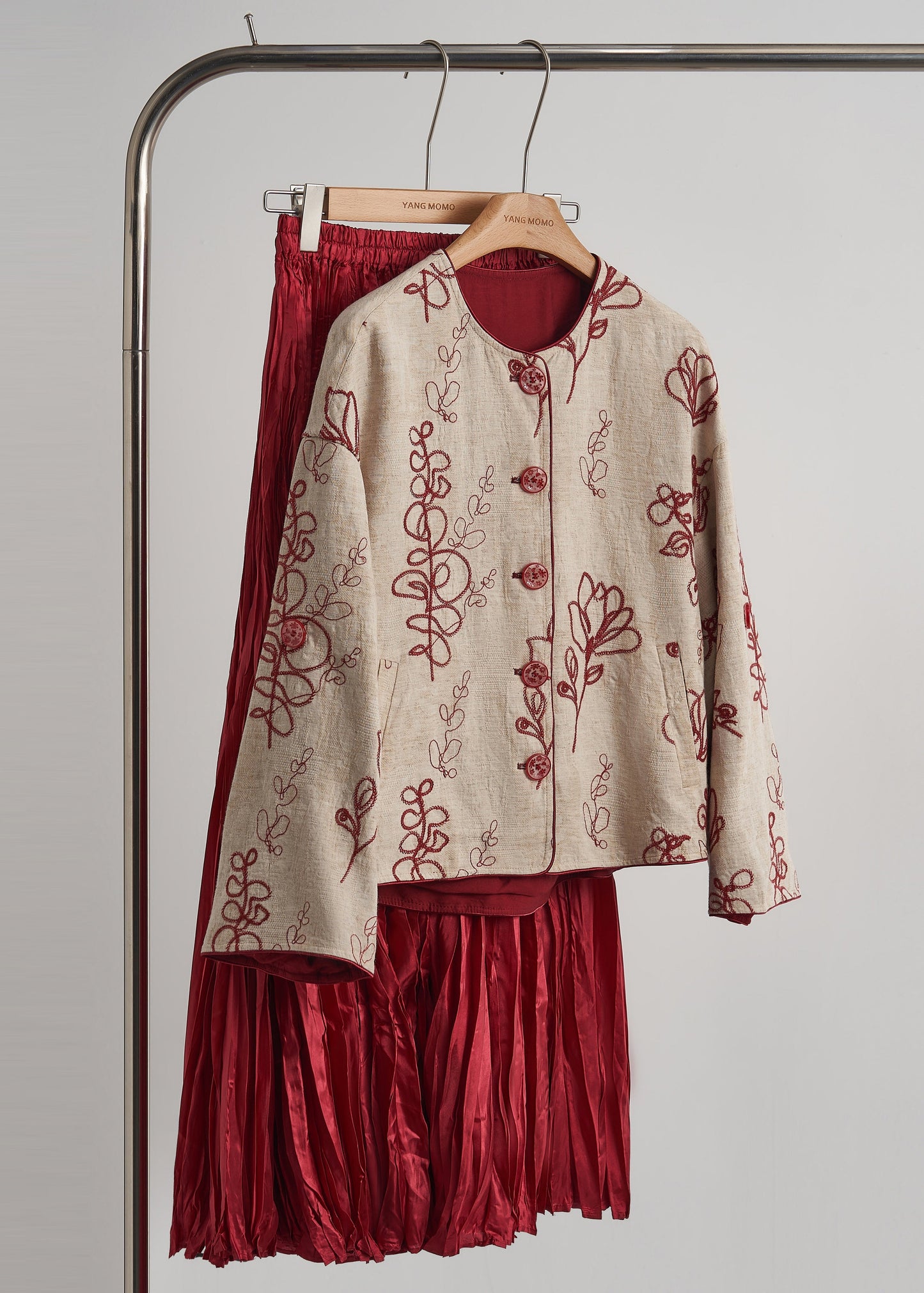 Women's Linen Autumn Coat Embroidered Beige - OutfitLondon
