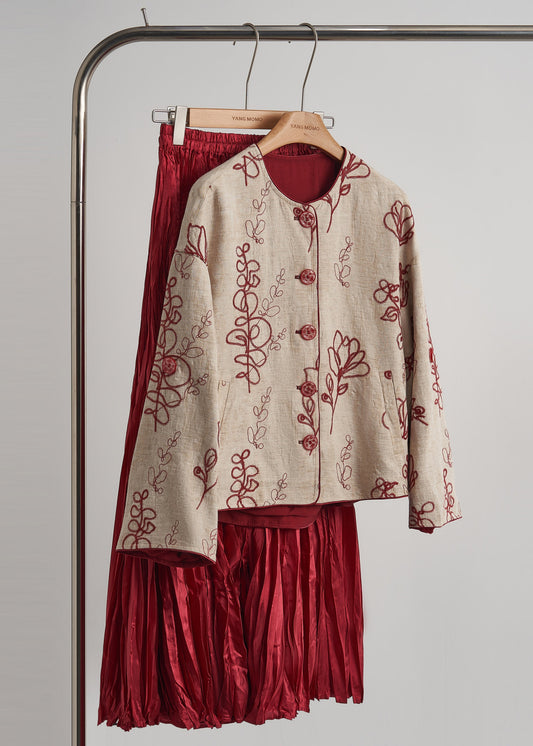Women's Linen Autumn Coat Embroidered Beige - OutfitLondon