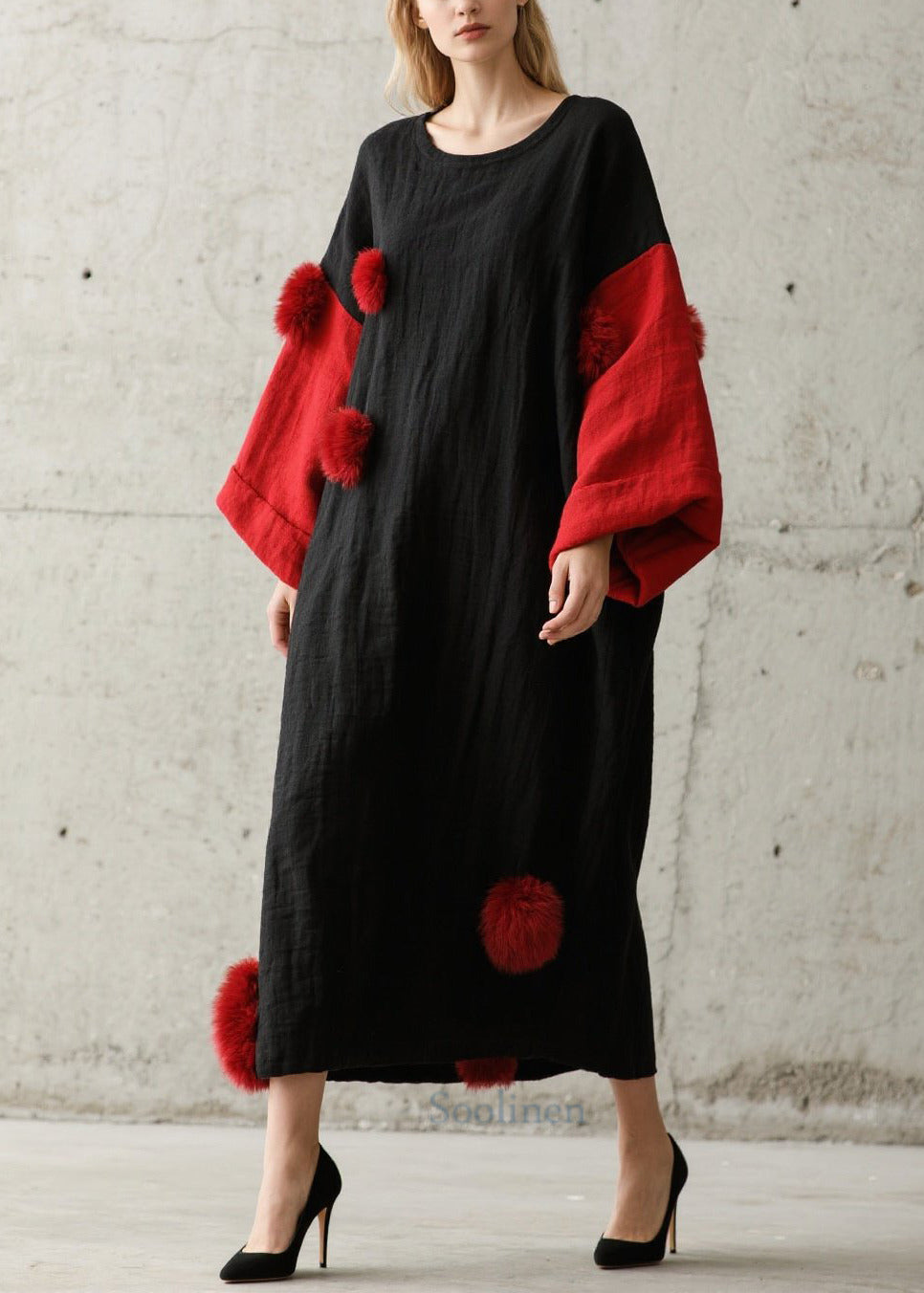 Women's Oversized Patchwork Dress Plush Pom Poms Autumn - OutfitLondon