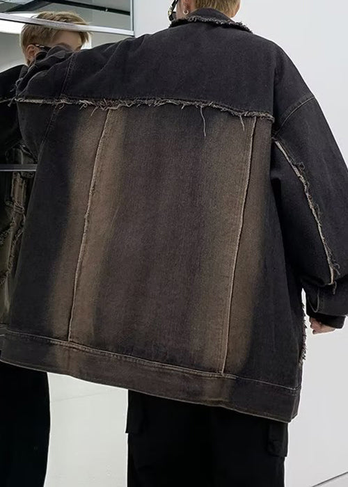 Men's Vintage Denim Coat Black Peter Pan Collar - OutfitLondon