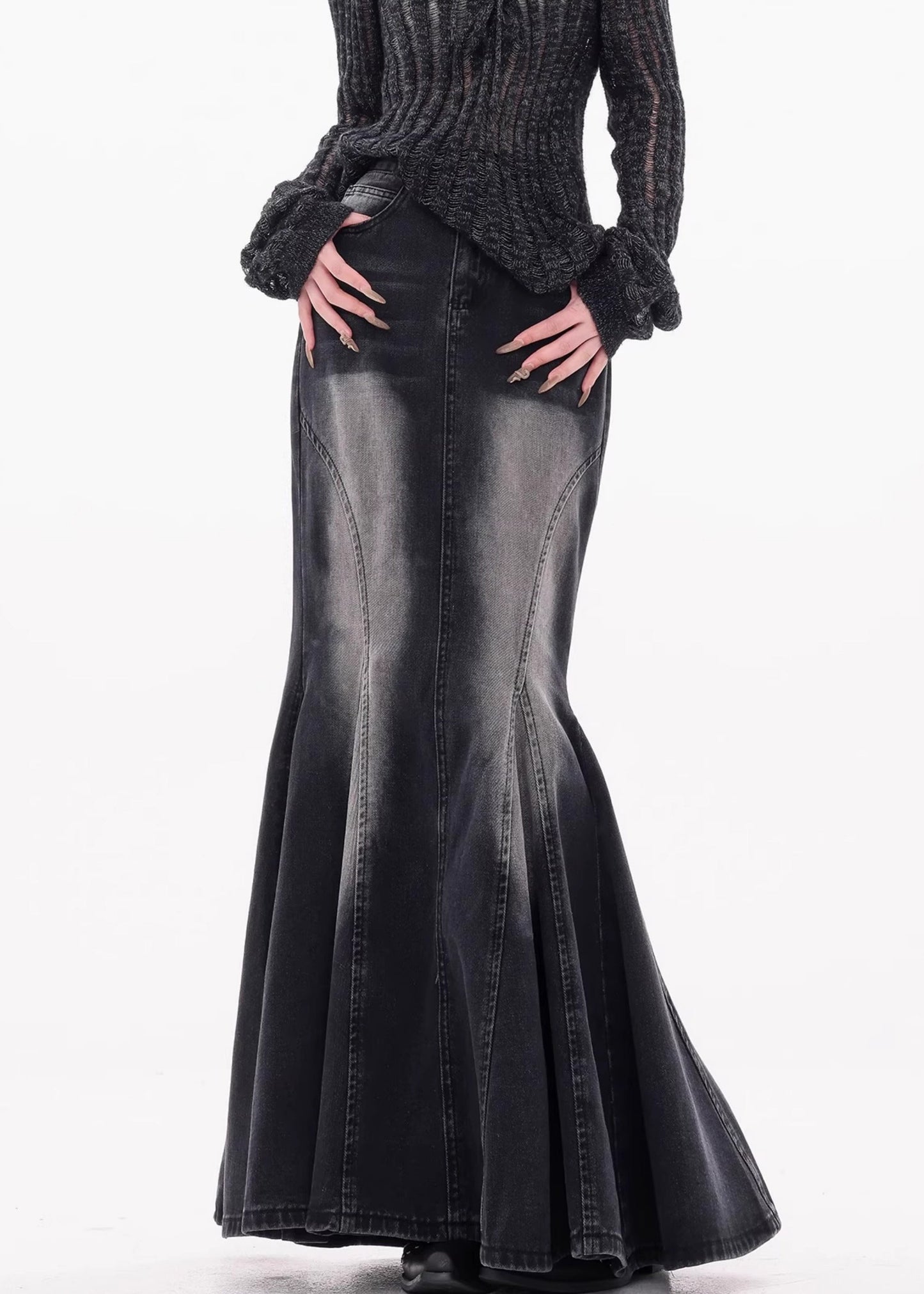 Women's High Waist Denim Skirt Black With Pockets - OutfitLondon