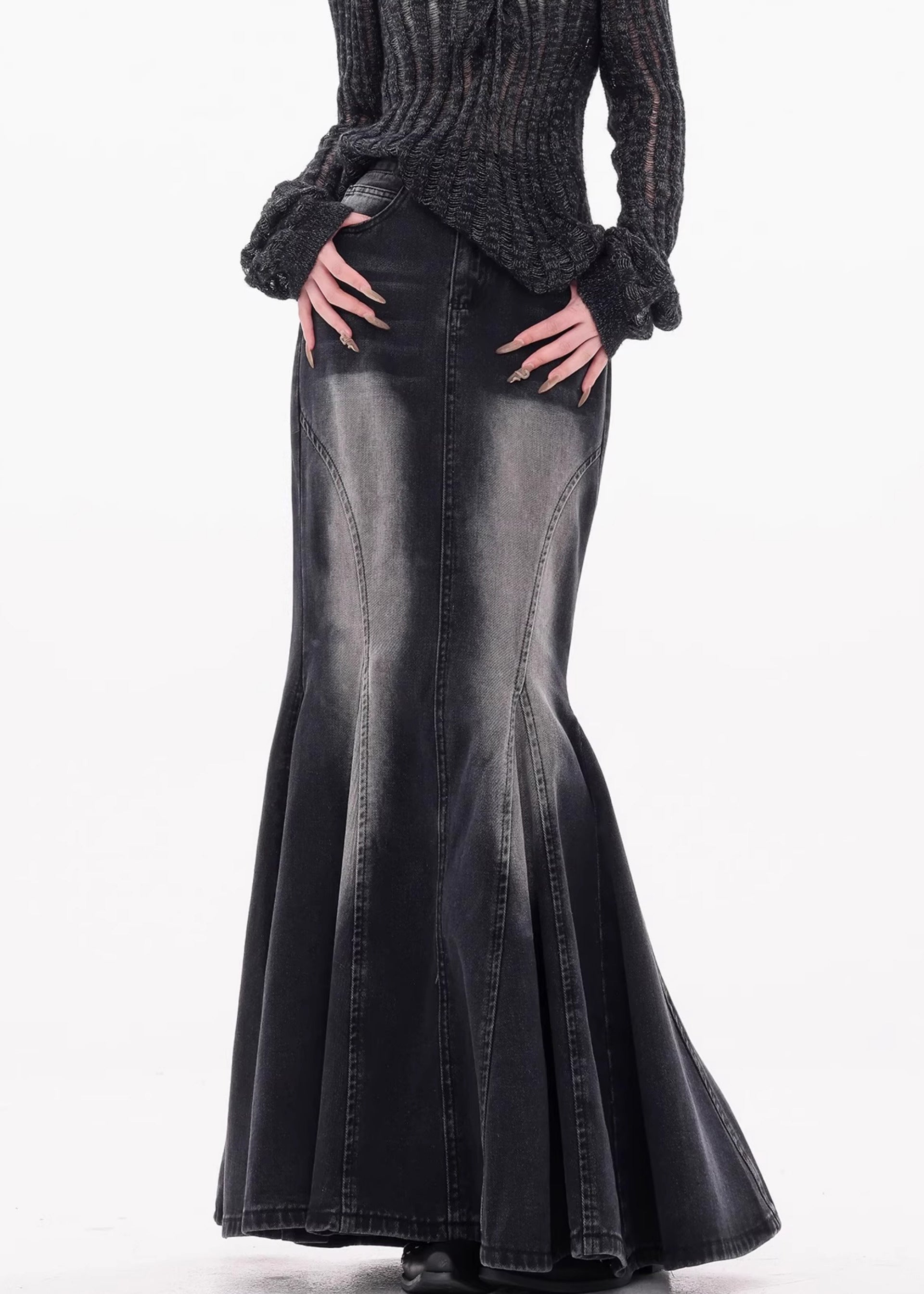Women's High Waist Denim Skirt Black With Pockets - OutfitLondon