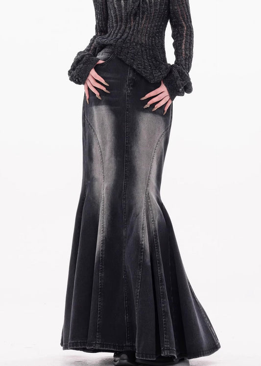 Women's High Waist Denim Skirt Black With Pockets - OutfitLondon