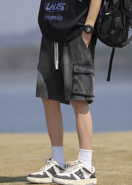 Men's Vintage Denim Shorts Black Lace Up Cargo Pocket - OutfitLondon