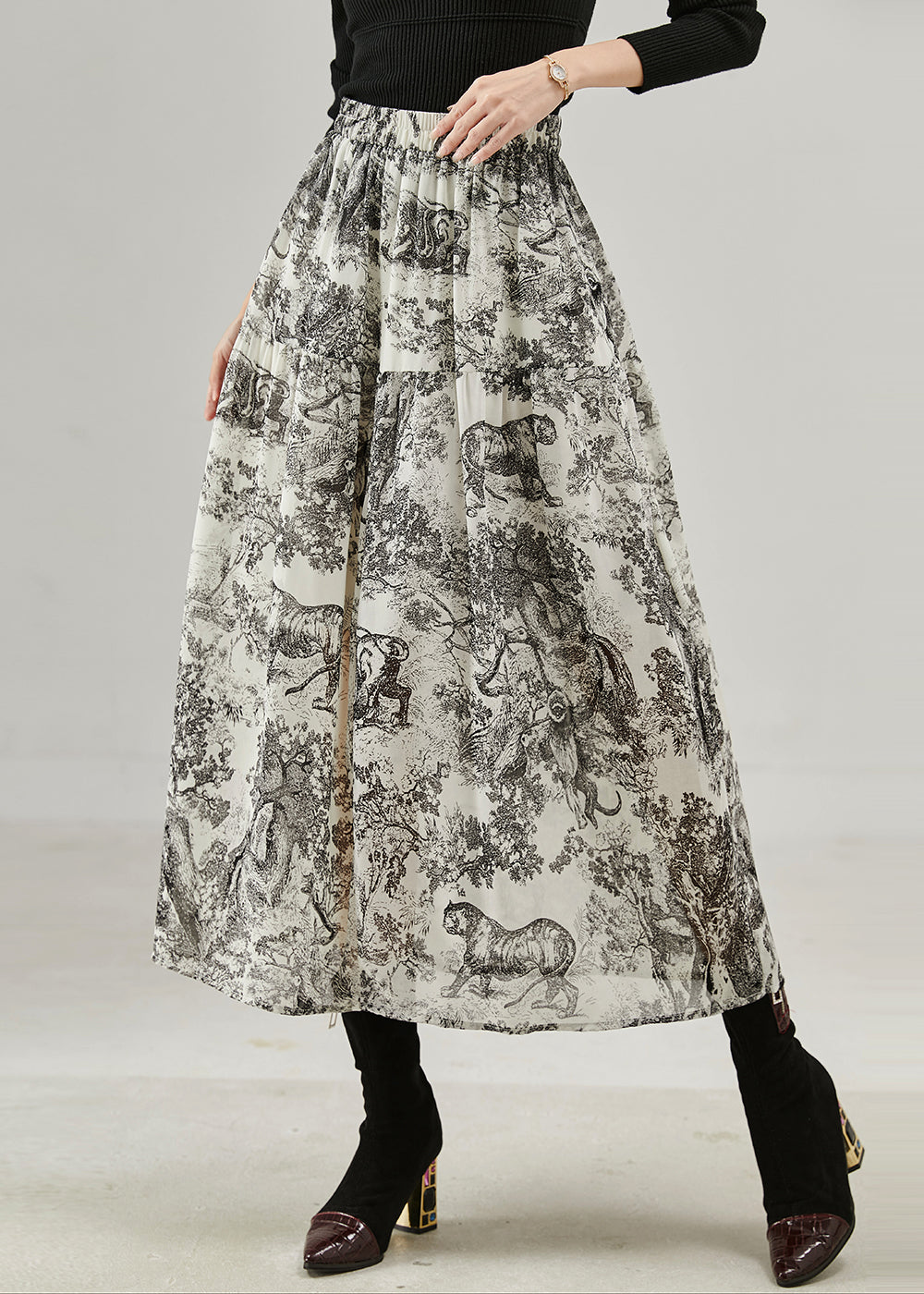Women's Cotton A Line Skirt Black Print Elastic Waist - OutfitLondon