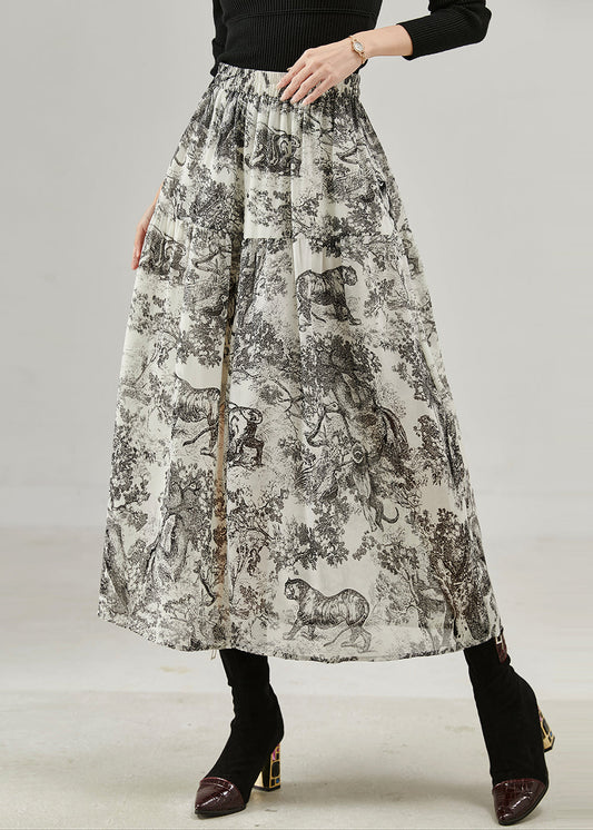 Women's Cotton A Line Skirt Black Print Elastic Waist - OutfitLondon