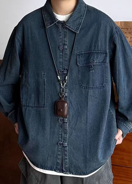 Men's Oversized Denim Coat Blue With Button Pockets - OutfitLondon
