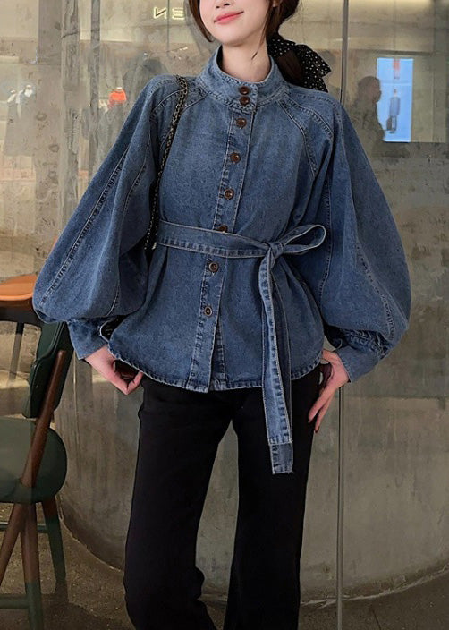 Women's Vintage Denim Shirt Blue Lantern Sleeves - OutfitLondon