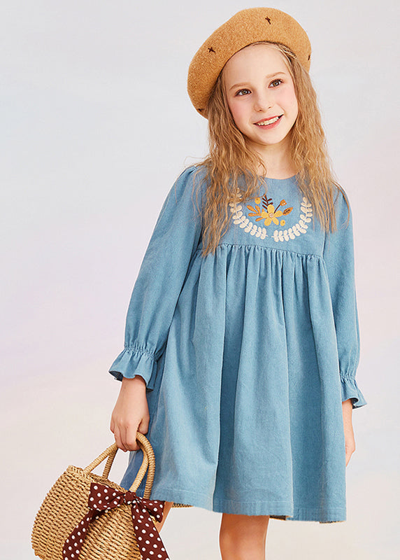 Girls Soft Cotton Midi Dress Vintage Blue Print - OutfitLondon