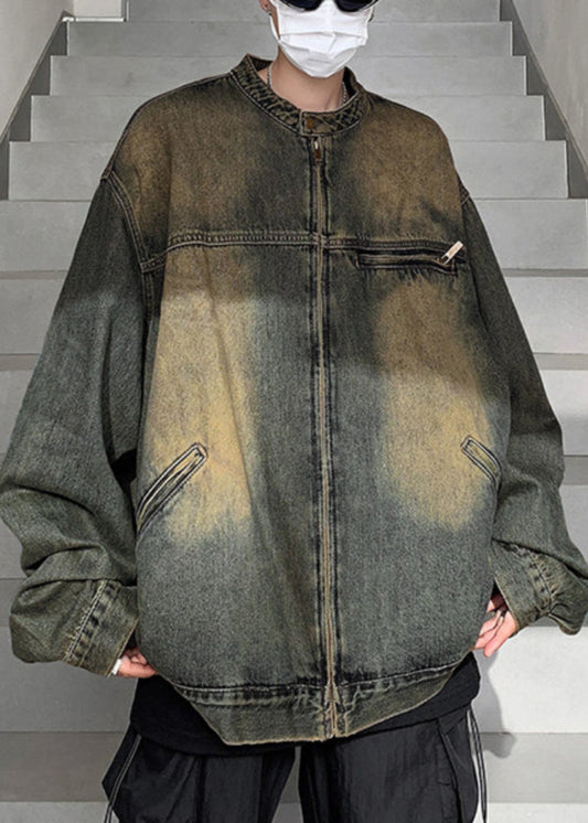 Men's Vintage Denim Jacket Zippered Pockets Relaxed Fit - OutfitLondon