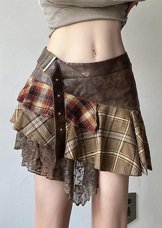 Women's Asymmetrical Faux Leather Skirt Brown - OutfitLondon