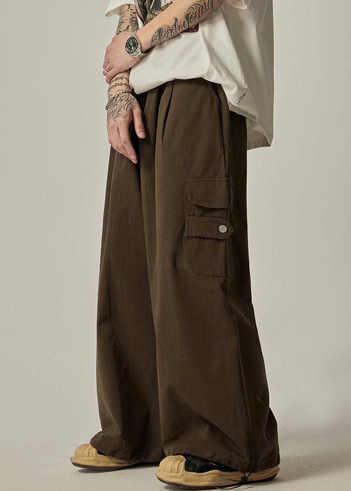 Men's Wide Leg Cotton Pants Relaxed Fit Brown - OutfitLondon
