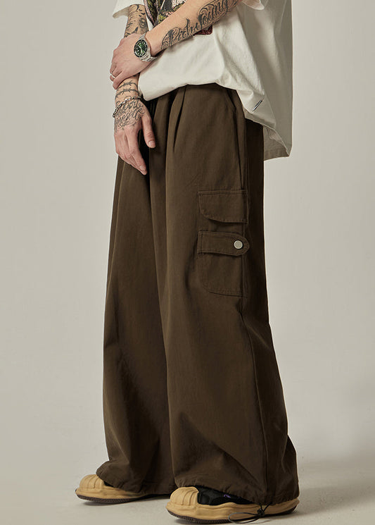 Men's Wide Leg Cotton Pants Relaxed Fit Brown - OutfitLondon