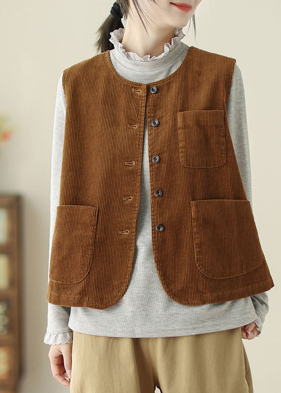 Women's Corduroy Vest Caramel Color Round Neck With Pockets - OutfitLondon