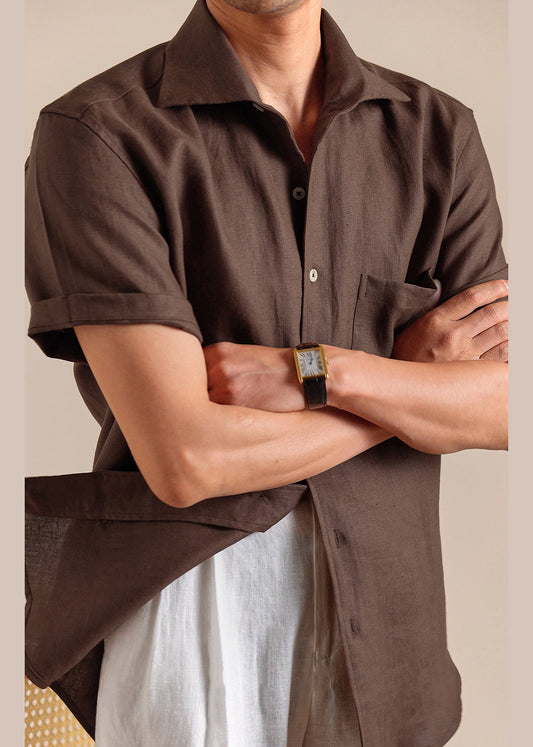 Mens Linen Short Sleeve Shirt Coffee Brown - OutfitLondon