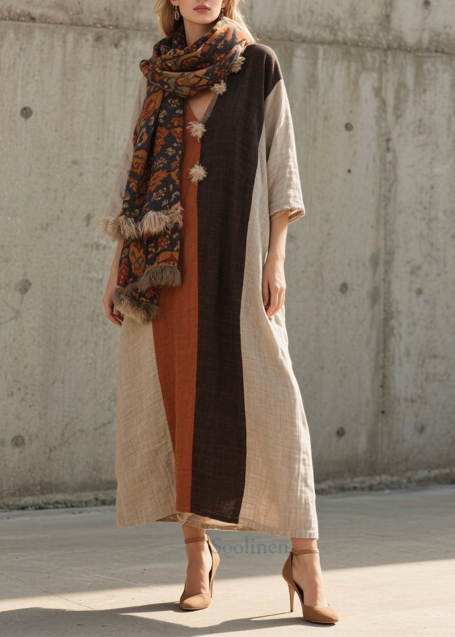 Women's Cotton Maxi Dress Patchwork Oversized Colorblock - OutfitLondon