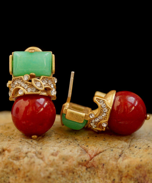 Women's Sterling Silver Stud Earrings Zircon Jade Agate - OutfitLondon