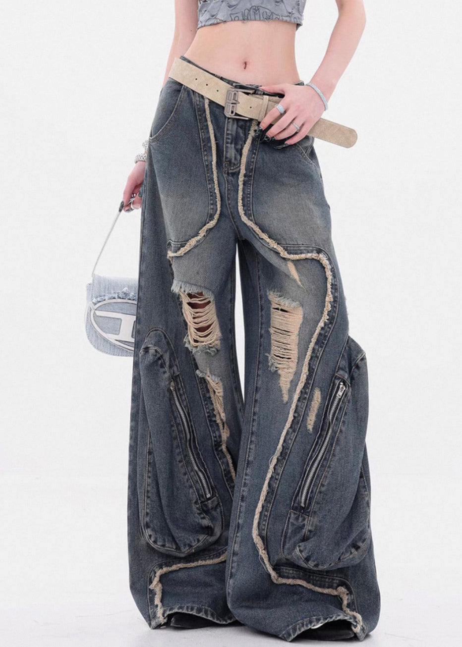 Women's High Waisted Wide Leg Denim Jeans Vintage Blue - OutfitLondon