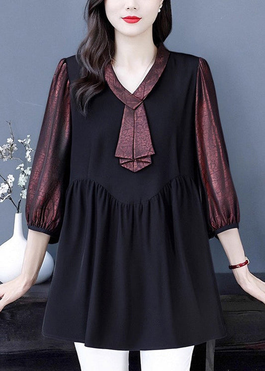 Women's Patchwork Shirt Heart Shaped Collar Cotton Retro Style - OutfitLondon