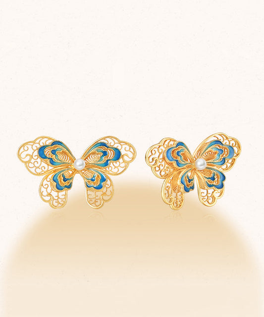 Women's Sterling Silver Pearl Butterfly Post Earrings - OutfitLondon