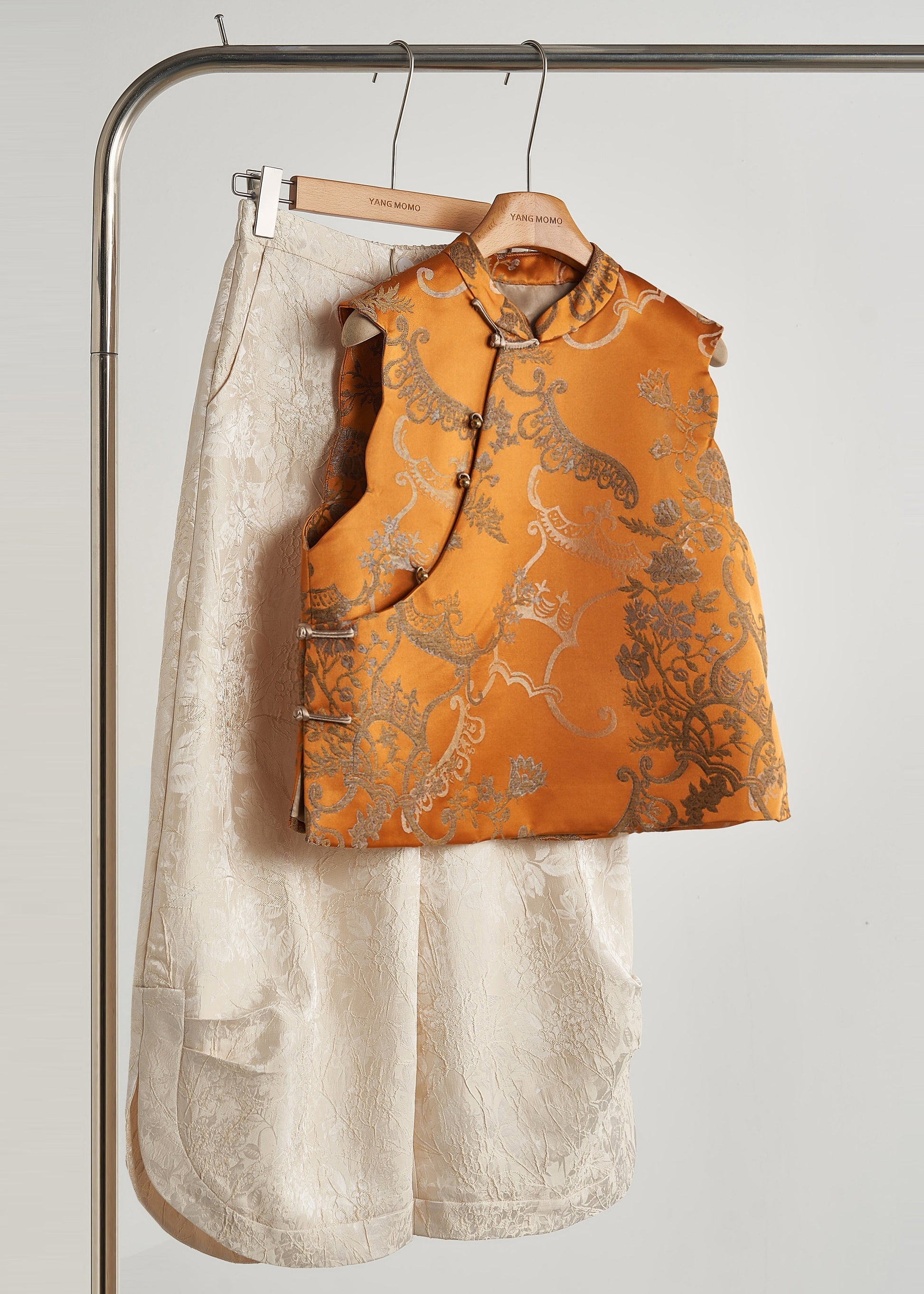 Women's Silk Jacquard Vest Gold With Chinese Buttons - OutfitLondon